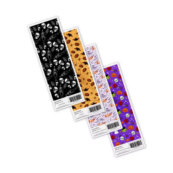 Novopen Echo Stickers - Assorted designs including Halloween creatures, 'It's Spooky Season' text with bats, and spider web patterns on colorful backgrounds.