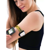 Armband for Omnipod insulin patch pump on woman's upper arm, showcasing adjustable Dia-Style design for active lifestyles.