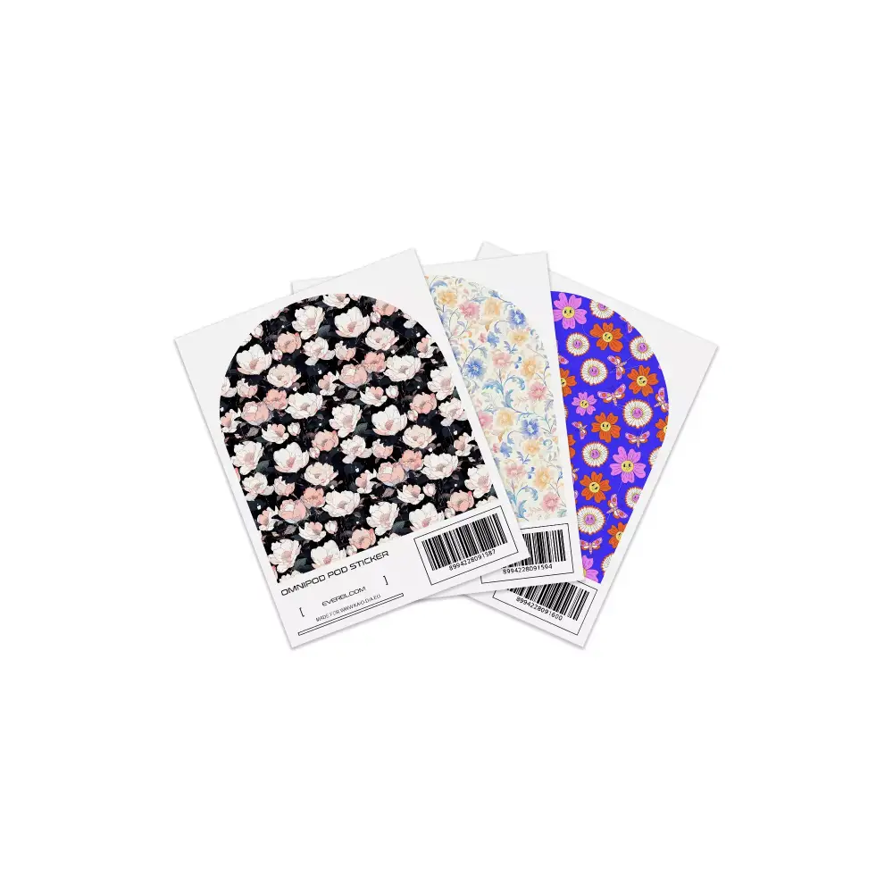 Spring Edition 2025 Omnipod POD Stickers featuring floral patterns and vibrant colors.