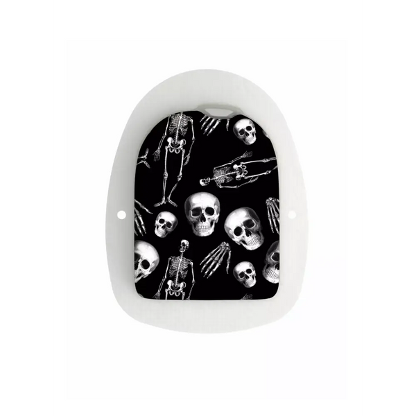 Omnipod Stickers - Skeletons and skulls design on a black background.