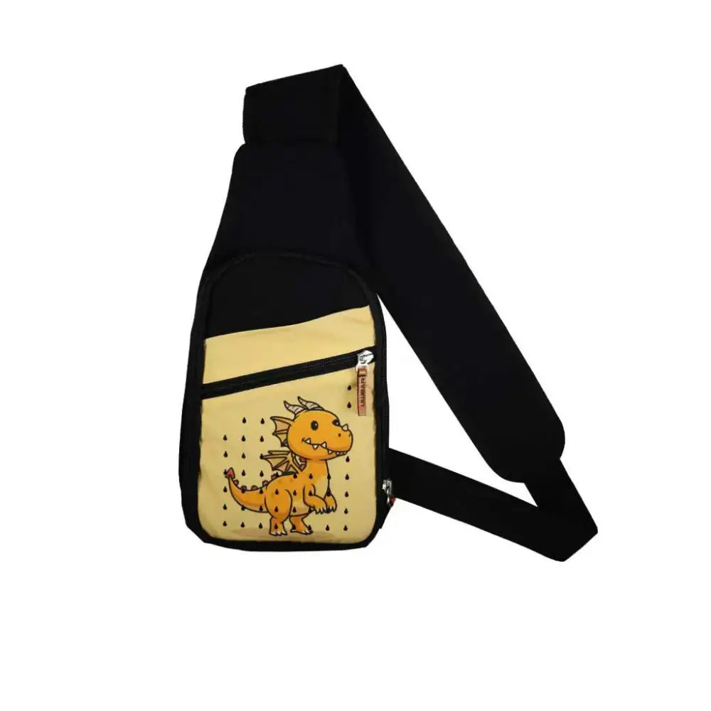 Kid's shoulder bag with insulin cooling system featuring dinosaur print, compact and lightweight for diabetes essentials.