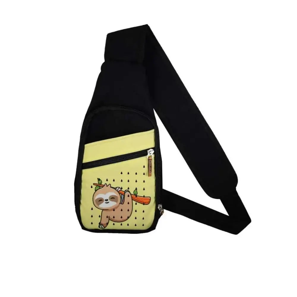 Black and yellow shoulder bag with insulin cooling system featuring a sloth design for kids with diabetes