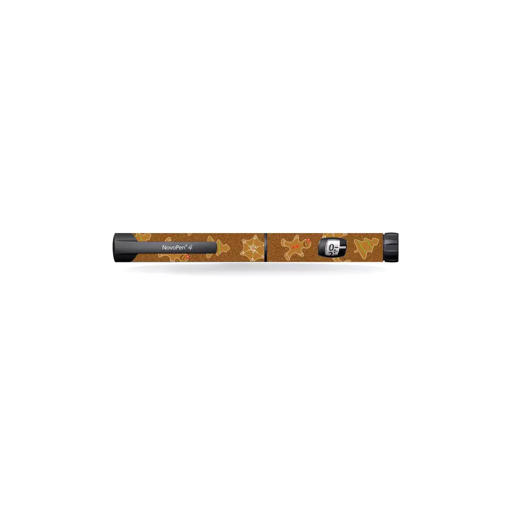 Novopen Echo insulin pen with Christmas-themed stickers featuring gingerbread designs.