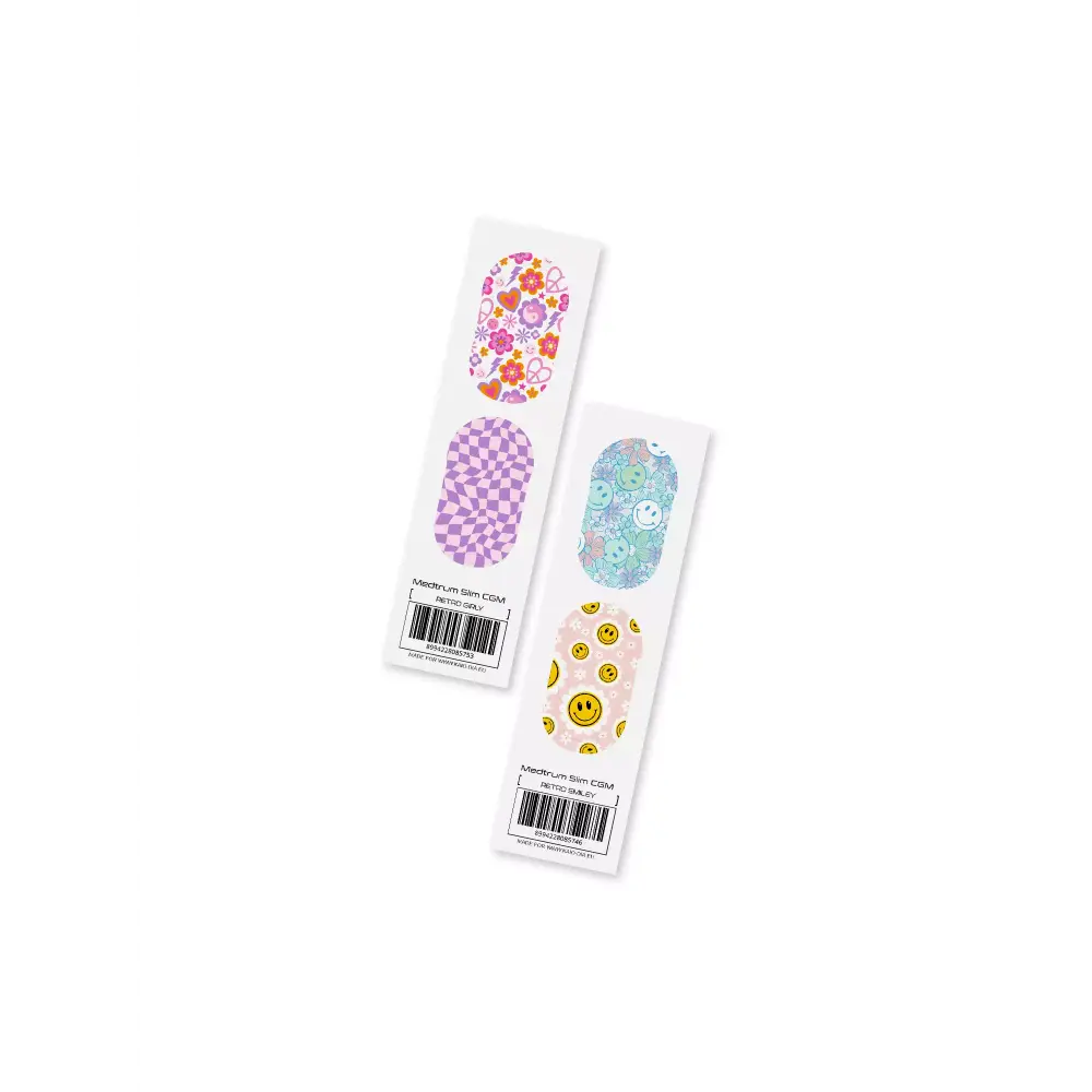 Stickers for Medtrum TouchCare Slim CGM Y2K Collection featuring retro smileys and patterns.