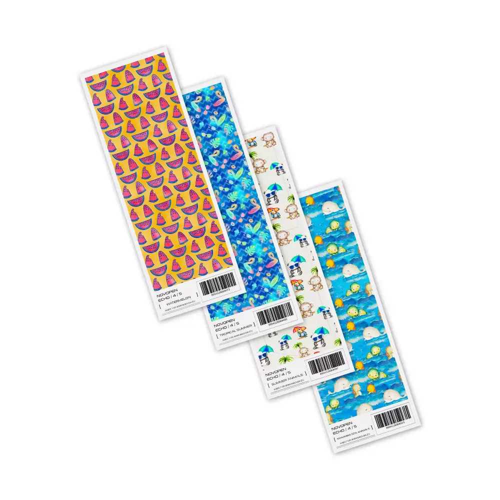 Novopen Echo Stickers Summer Edition featuring beach scenes, tropical fruits, and marine creatures.
