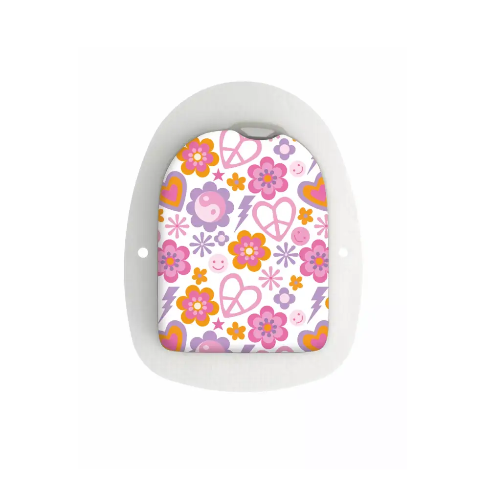Retro Y2K sticker for POD Omnipod with colorful floral and peace sign pattern.