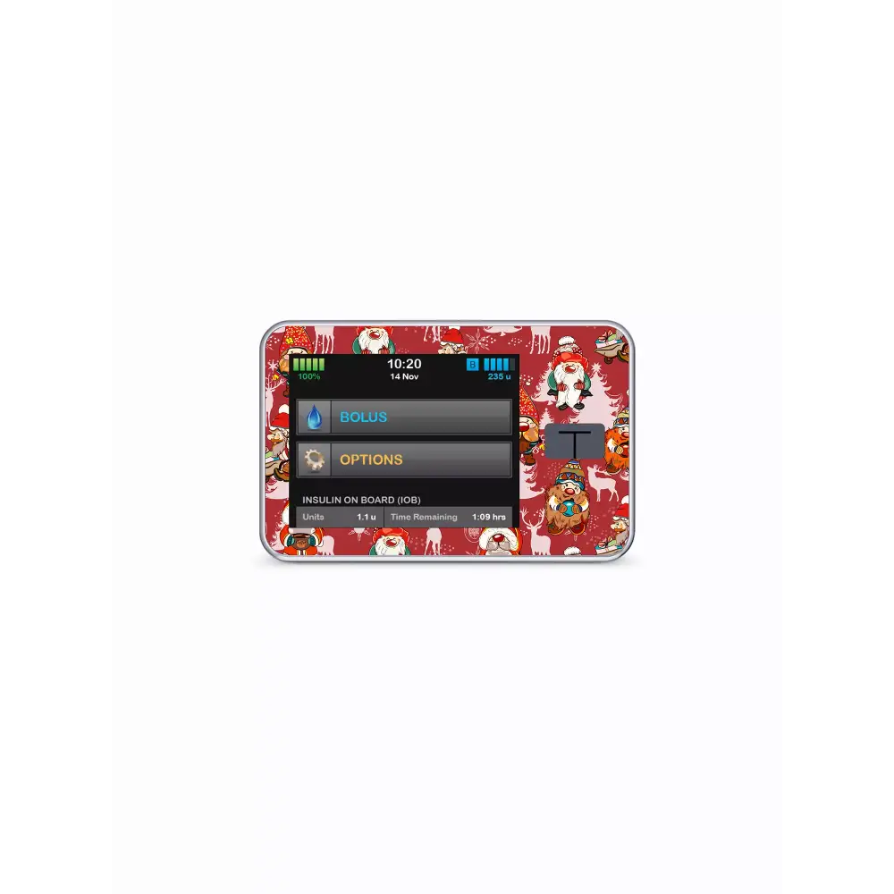 Portable device in colorful case with Christmas-themed stickers for Tandem T-Slim