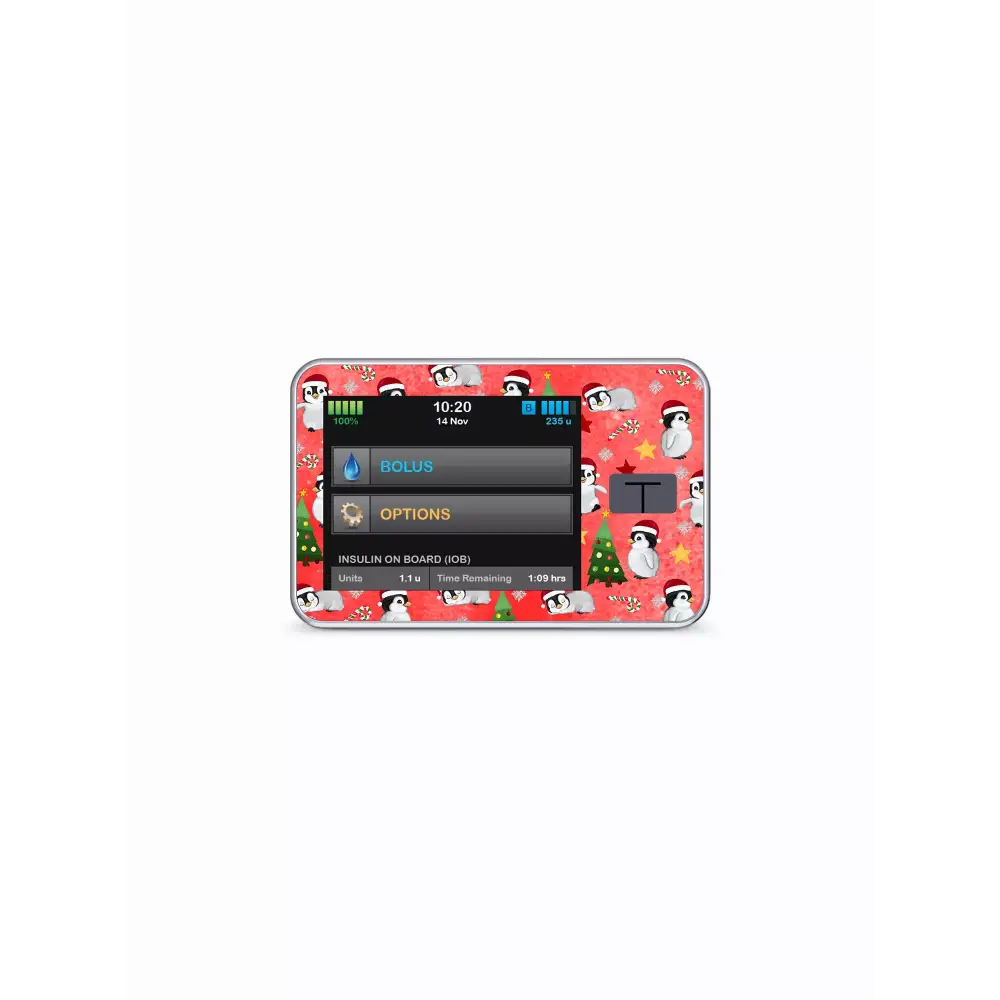 Tandem T-Slim Stickers featuring Christmas-themed decor on a sleek electronic device frame