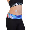 Insulin pump waist belt in colorful print securely worn around waist for discreet and comfortable fit.