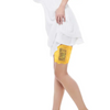 Woman wearing yellow lace garter for insulin pump under white dress