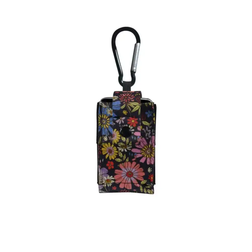 Compact floral pouch for Tandem t:slim X2 and Mobi insulin pumps with carabiner attachment.