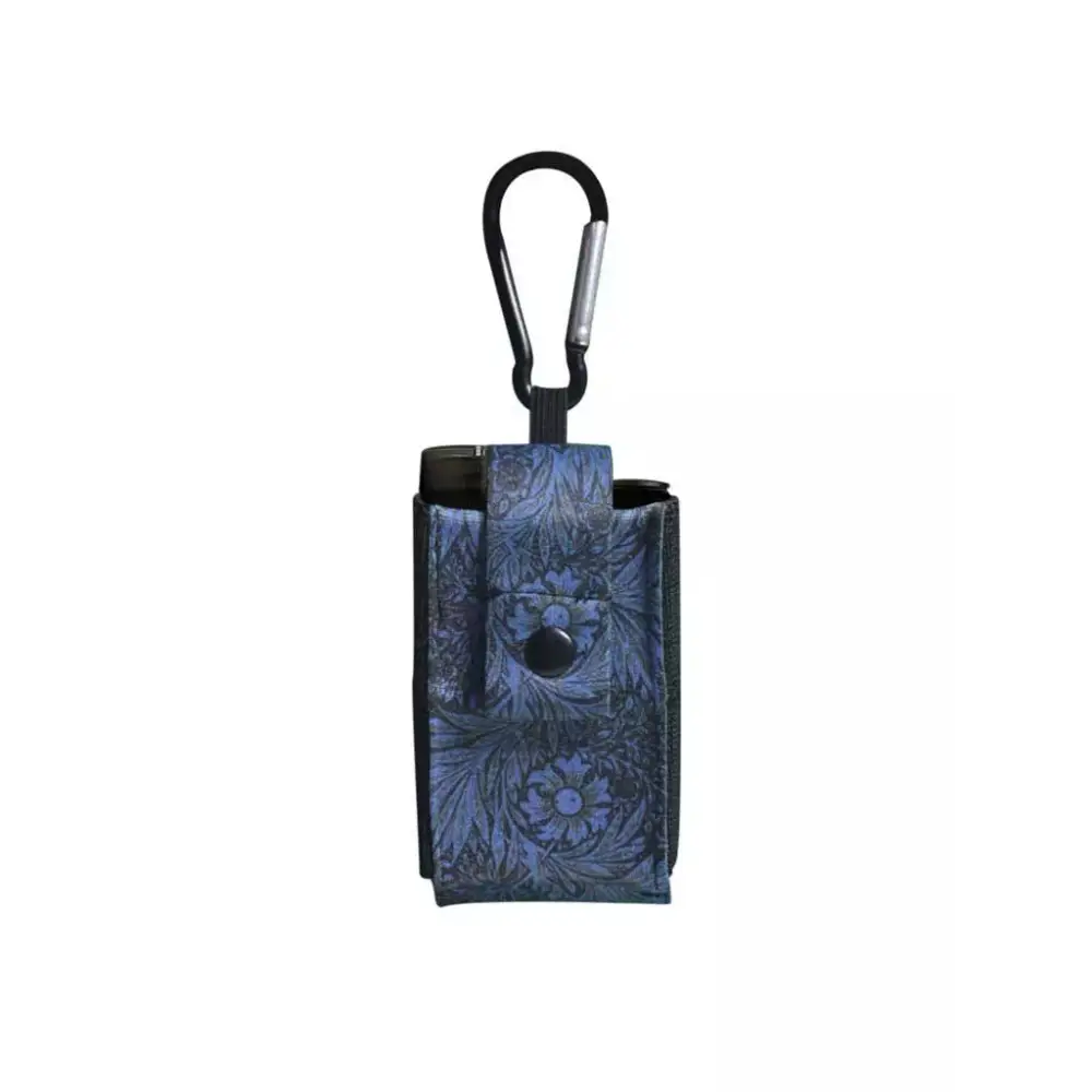 Compact Dia-Mini Pouch Slim for insulin pumps, featuring durable blue fabric and carabiner attachment for versatile use.