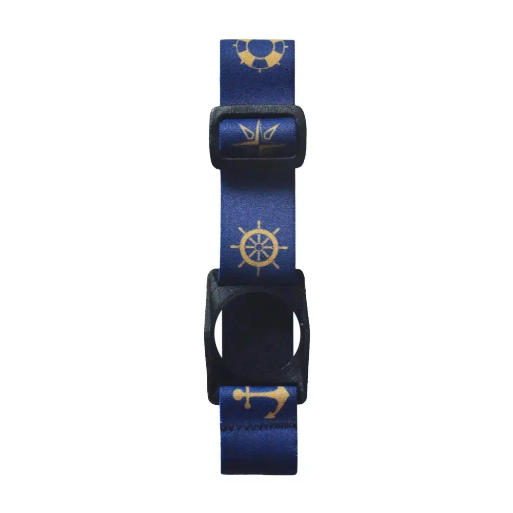 The Freestyle Libre 2 Armband with a nautical-themed blue and gold pattern, showcasing the adjustable strap and sensor holder.