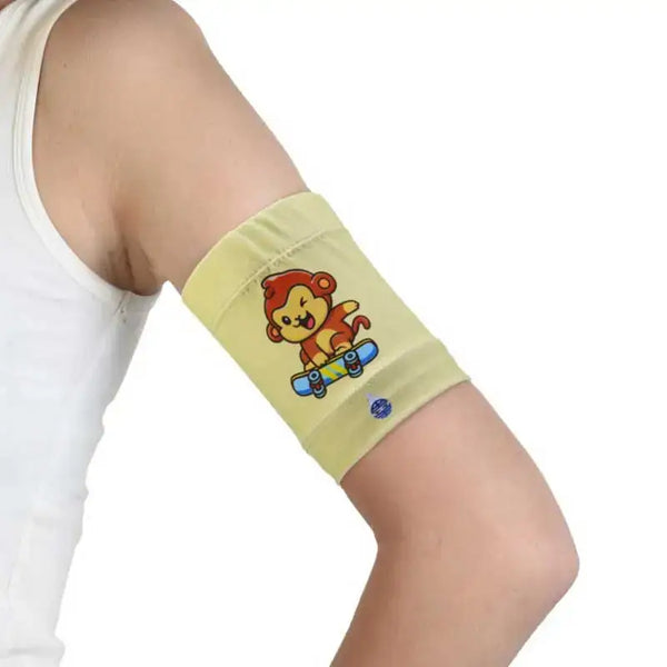 Sensor protective armband with a cute animal design for children with type 1 diabetes.