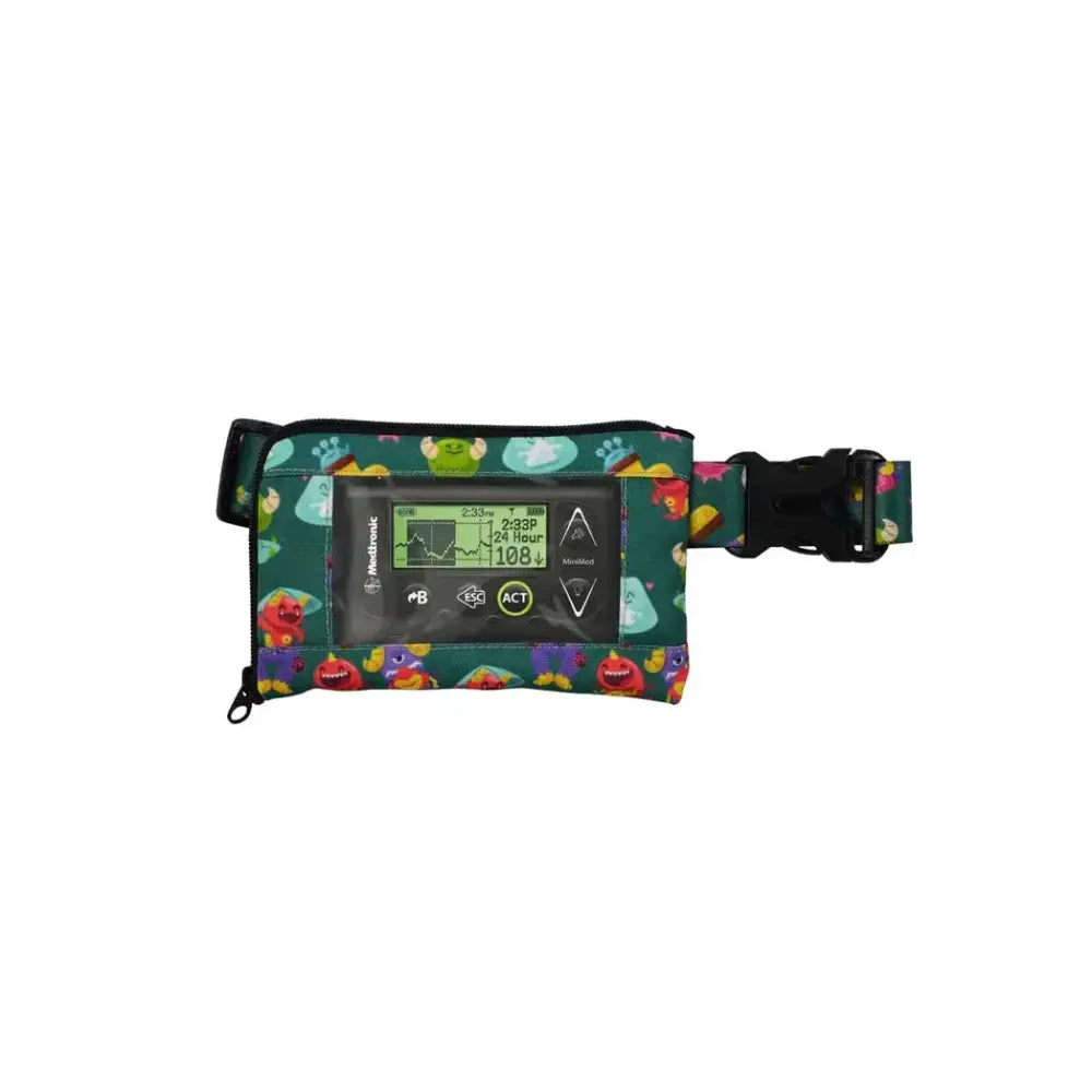 Insulin pump belt with window for kids, adjustable, cute design, secure and easy monitoring.