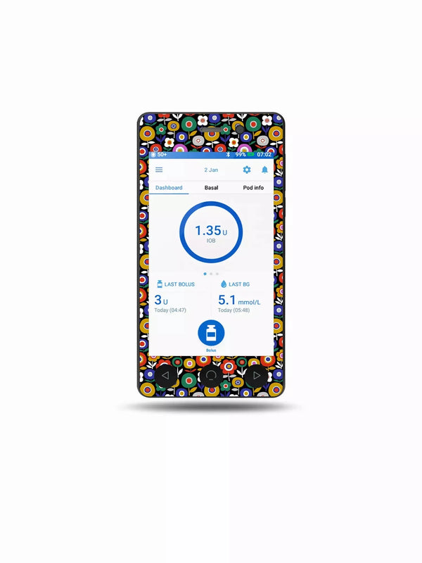 Omnipod DASH decorated with floral Spring edition stickers.