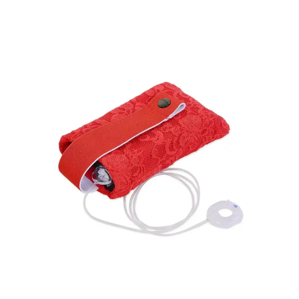 Red lace bra pouch for insulin pump with strap and tubing.