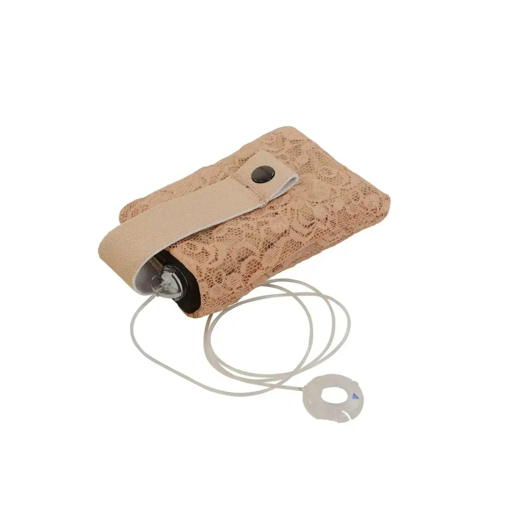 Lace bra pouch for insulin pump in beige color with universal fit and soft design.