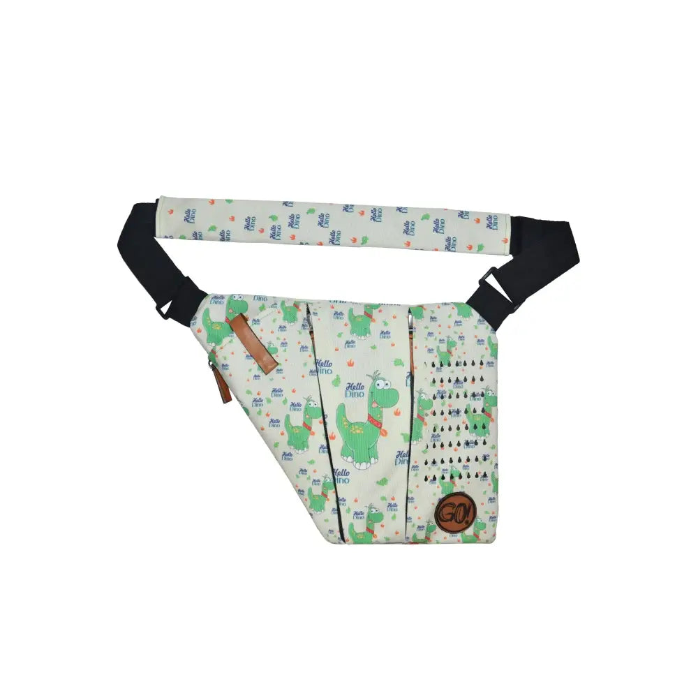 Children's shoulder bag with cooling system for insulin storage, featuring a dinosaur print and adjustable strap.