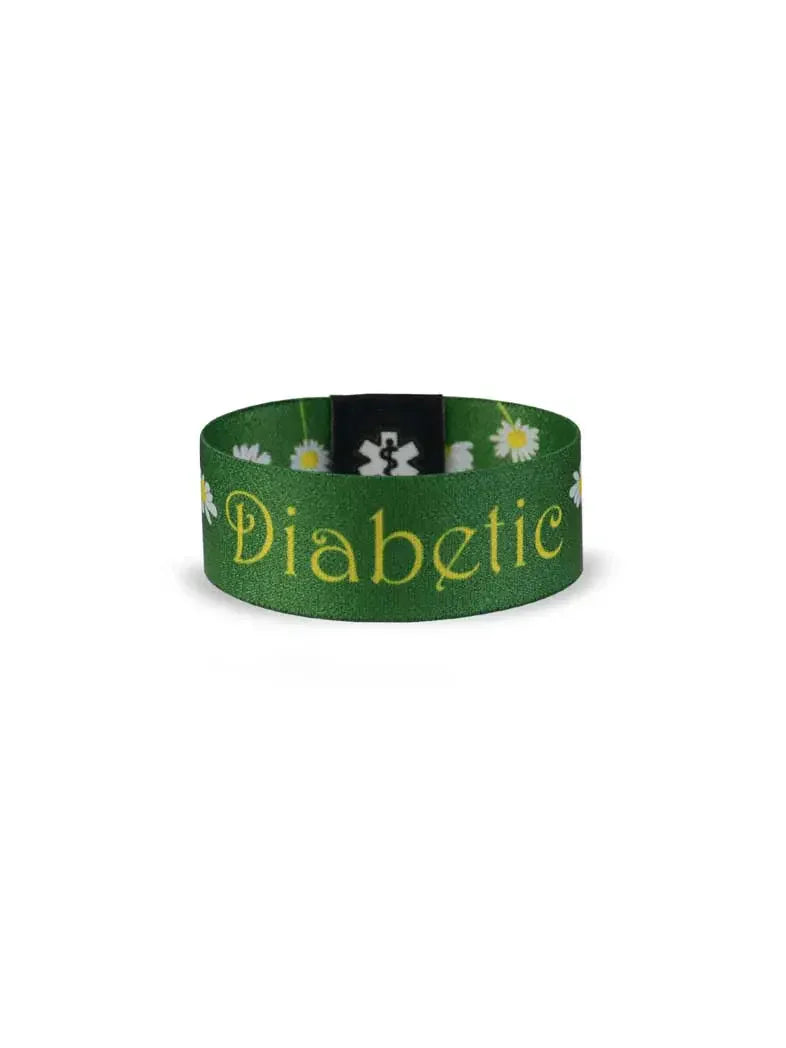 Reversible Diabetes Awareness Wristband with summer daisies and "Diabetic" text.