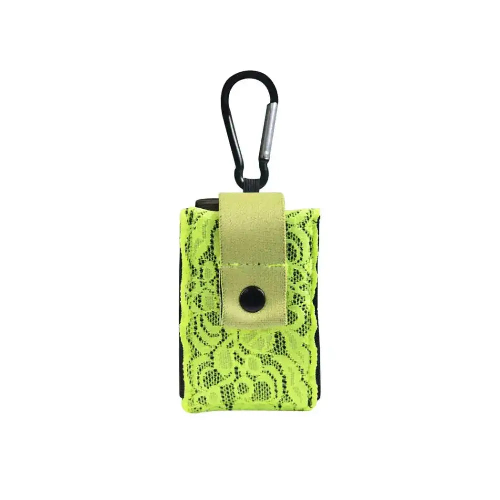 Neon lace insulin pump pouch with carabiner attachment.