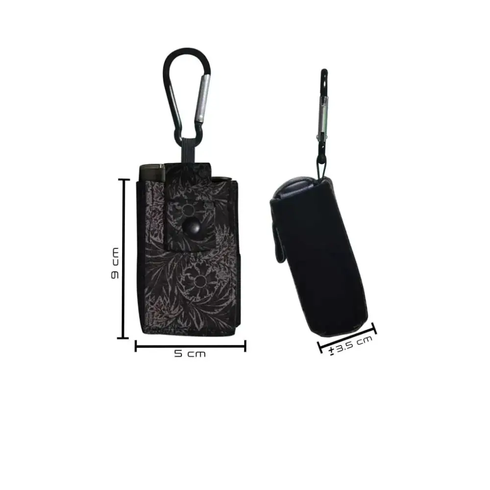 Compact universal pouch for insulin pump with carabiner, shown in dimensions 9x5x3.5 cm.